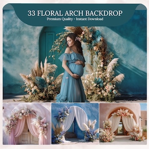 Floral Arch Backdrop, Minimal Maternity Floral Arches Digital Backdrops Set, White Backgrounds Studio Photography