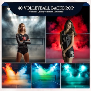 May include: The image showcases a volleyball backdrop with the text "40 VOLLEYBALL BACKDROP" and "Premium Quality - Instant Download". It features two volleyball players in action, along with several colorful court scenes with nets and smoke effects. The players are wearing black uniforms.