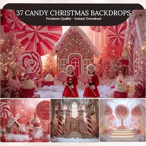 May include: A festive image featuring a candy-themed Christmas backdrop with a gingerbread house, giant lollipops, and two children in red dresses. The scene is filled with red and white decorations, creating a whimsical holiday setting. Text reads "37 Candy Christmas Backdrops".