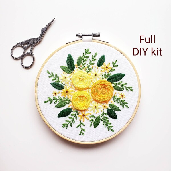 Yellow rose embroidery kit, diy kit for adult, beginner embroidery kit, cross stitch kit, mothers day gift, birthday gift for best friend