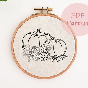 Fall pumpkin flower embroidery pattern, printable embroidery pattern, hand embroidery design, PDF pattern, digital download, autumn decor