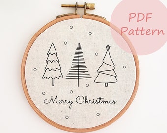 Christmas tree embroidery pattern, Merry Christmas embroidery PDF pattern, winter hand embroidery design, embroidery template, beginner easy