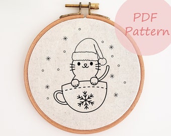 Christmas Cat Ornament embroidery pattern, cat with Santa hat PDF pattern, hand embroidery design, DIY holiday decor, holiday ornament, gift