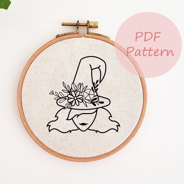 Floral witch embroidery pattern, Halloween hand embroidery design, fall PDF pattern, DIY needlepoint, wall decor, beginner pattern, modern