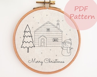 Winter house embroidery pattern, Christmas tree, snow house embroidery PDF pattern, Merry Christmas hand embroidery design, Xmas home decor