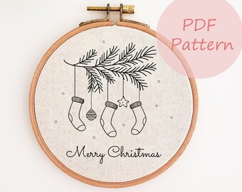 Christmas socks embroidery pattern, Christmas ornament PDF pattern, hand embroidery design, Christmas stockings, hoop art, DIY home decor