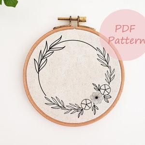 Floral wreath embroidery pattern, flower embroidery PDF pattern, hand embroidery design, embroidery tote bag, embroidery wall art, hoop art