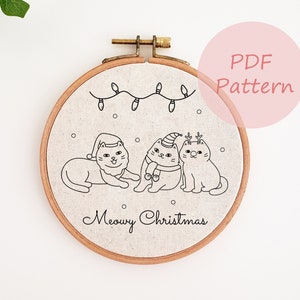 Christmas cat embroidery pattern, Merry Christmas embroidery PDF pattern, holiday ornament hand embroidery design, embroidery template, DIY