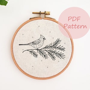 Cardinal embroidery pattern, Christmas ornament PDF pattern, holiday hand embroidery design, DIY wall decor, winter embroidery art, beginner