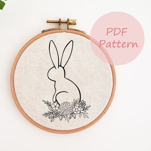 Easter bunny ears embroidery PDF, bunny with flower hand embroidery design, tote bag embroidery pattern, towel embroidery, easter wall decor