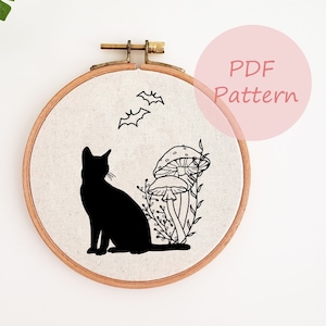 Black cat with bat embroidery pattern, Halloween cat embroidery pattern, embroidery PDF pattern, Halloween decor, hand embroidery design
