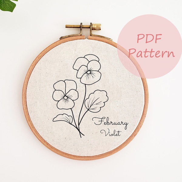 February birth month embroidery pattern, violet flower hand embroidery design, printable PDF pattern, embroidery wall decor, birthday gift