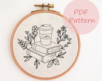 Book and coffee embroidery pattern, flower embroidery design, fall embroidery PDF, hand embroidery pattern, bookish embroidery pattern, diy