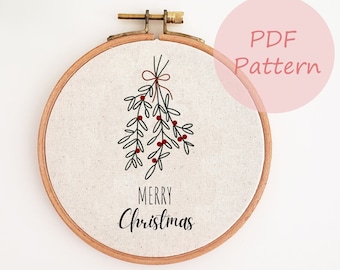 Mistletoe embroidery pattern, Christmas ornament PDF pattern, mistletoe hand embroidery design, Merry Christmas embroidery hoop, Xmas decor