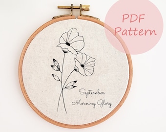 Patrón de bordado del mes de nacimiento de septiembre, diseño de bordado a mano de flor de gloria de la mañana, patrón PDF imprimible, decoración de pared bordada, bricolaje