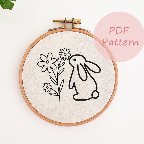 Bunny embroidery pattern, animal embroidery PDF, pocket hand embroidery design, DIY beginner embroidery, simple flower embroidery pattern