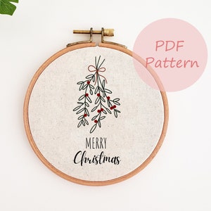 Mistletoe embroidery pattern, Christmas ornament PDF pattern, mistletoe hand embroidery design, Merry Christmas embroidery hoop, Xmas decor