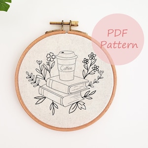 Book and coffee embroidery pattern, flower embroidery design, fall embroidery PDF, hand embroidery pattern, bookish embroidery pattern, diy