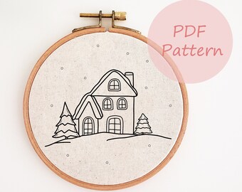 Stickmuster Winter, Weihnachtsbaum, Schneehaus Stickdatei PDF Muster, Urlaub Handstickerei, Stickvorlage, DIY