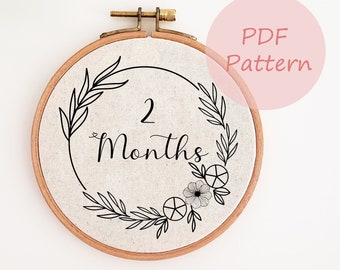 Baby month hand embroidery design, baby milestone embroidery pattern, floral embroidery PDF pattern, nursery wall decor, DIY baby gift