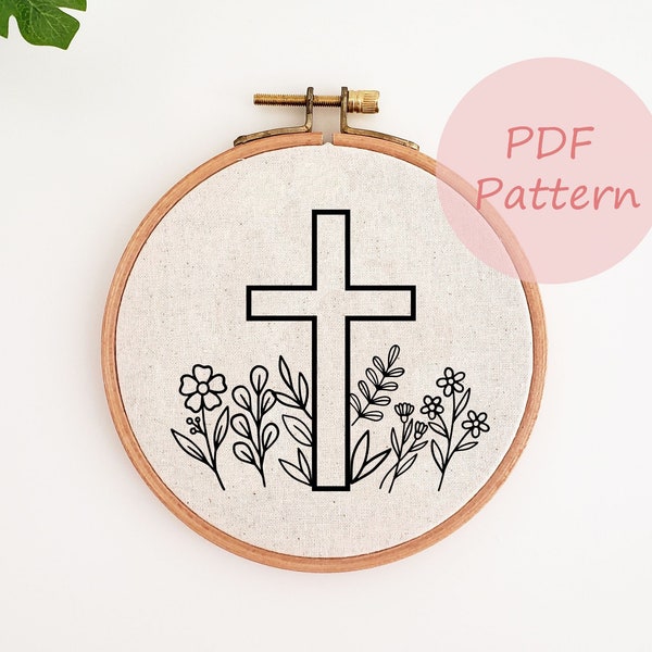 Christian cross embroidery pattern, floral cross hand embroidery design, printable PDF pattern, religious cross hoop art, DIY Easter decor