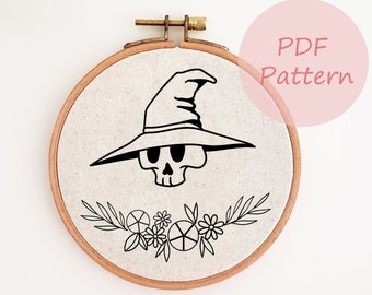 Skull and flowers embroidery pattern, skeleton embroidery pattern, witch hat halloween, hand embroidery design, PDF embroidery template, DIY