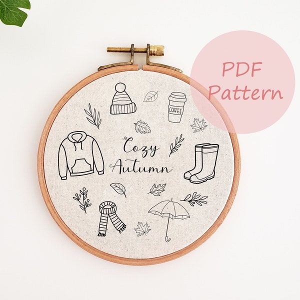 Cozy autumn embroidery pattern, sweater coffee scarf hand embroidery design, fall PDF pattern, DIY wall decor, beginner pattern, modern art