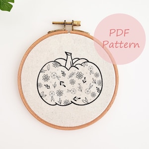 Flower pumpkin embroidery pattern, autumn hand embroidery design, pumpkin fall PDF pattern, beginner DIY project, fall wall decor