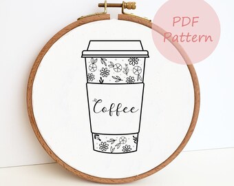 Floral coffee cup embroidery pattern, flower wildflower digital PDF pattern, botanical hand embroidery design, DIY coffee lover gift, easy
