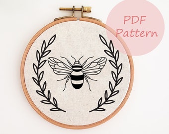 Bee wreath embroidery pdf pattern, flower hand embroidery design, simple hand embroidery pattern, embroidery wall art, digital pattern, DIY