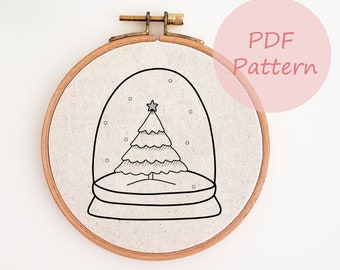 Snow globe embroidery pattern, Christmas ornament PDF pattern, Christmas tree hand embroidery design, DIY holiday decor, holiday ornament