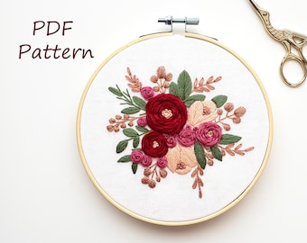 Rose embroidery pattern, floral embroidery pattern, hand embroidery, embroidery PDF, easy embroidery pattern, beginner embroidery pattern