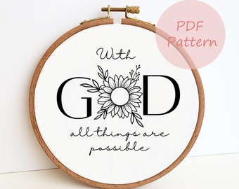 With god all things are possible hand embroidery pattern, Christian PDF embroidery, Religious hand embroidery design, beginner needlepoint