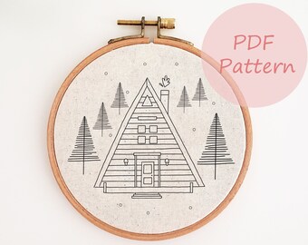 Winter cabin embroidery pattern, Christmas tree, snow house embroidery PDF pattern, hand embroidery design, DIY decor, embroidery template
