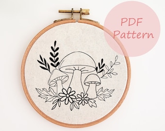 Fall mushrrom embroidery pattern, autumn embroidery PDF pattern, mushroom flower hand embroidery design, embroidery template, DIY fall decor
