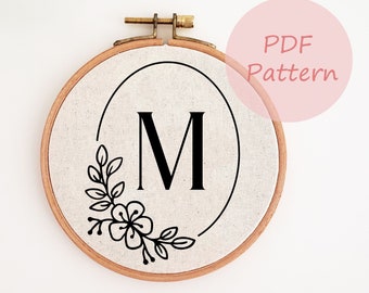 Letter hand embroidery design, Initial name with floral wreath embroidery pattern, Embroidery PDF pattern, nursery decor, DIY handmade gift