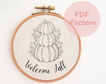 Welcome fall embroidery pattern, autumn embroidery design, fall pumpkin printable PDF pattern, hand embroidery design, fall home decor, DIY