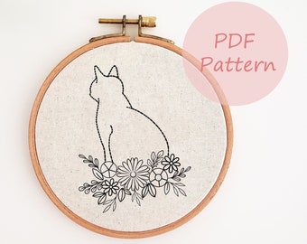 Flower cat embroidery PDF pattern, cat hand embroidery design, floral embroidery pattern, embroidery template, easy beginner embroidery, DIY