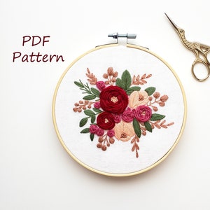 Rose embroidery pattern, floral embroidery pattern, hand embroidery, embroidery PDF, easy embroidery pattern, beginner embroidery pattern