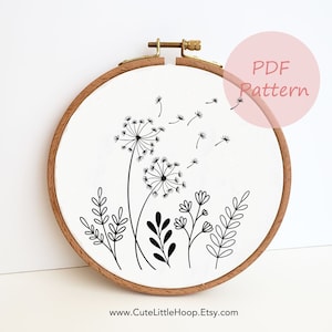 Dandelion wildflower embroidery PDF pattern, floral hand embroidery design, DIY handmade gift, easy beginner needlepoint, home decor art