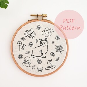 Cat halloween embroidery pattern, black cat embroidery pattern, ghost embroidery pattern, hand embroidery PDF pattern, fall embroidery PDF