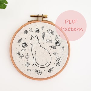 Katze und Blume Stickmuster, Katze Stickmuster PDF, Stickdatei Blumenmuster, Stickvorlage, Stickmuster für Anfänger, Stickmuster pdf