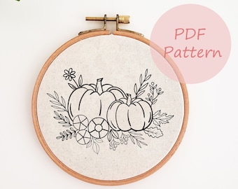 Fall pumpkin embroidery template, printable embroidery pattern, hand embroidery design, PDF pattern, digital download, DIY autumn home decor