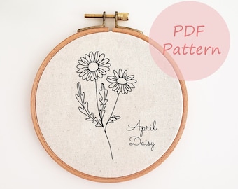 Patrón de bordado del mes de nacimiento de abril, diseño de bordado a mano de margaritas, patrón PDF imprimible de flores de margaritas, decoración de pared bordada, regalo de cumpleaños