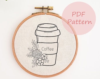 Flower coffee cup embroidery pattern, coffee hand embroidery design, embroidery PDF pattern, embroidery template, beginner floral embroidery