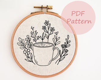Flower cup embroidery pattern, tea, coffee cup embroidery design, fall embroidery PDF, hand embroidery pattern, embroidery hoop art, digital