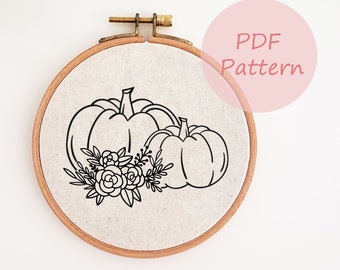 Fall pumpkin hand embroidery design, floral printable embroidery pattern, beginner PDF pattern, digital download, autumn home decor, DIY
