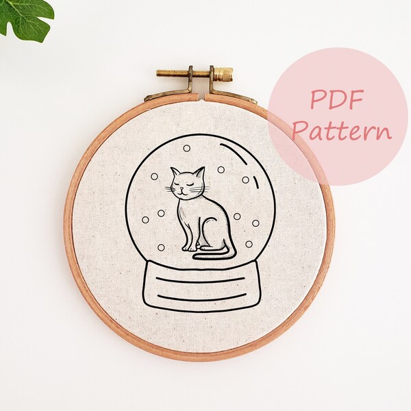 Snow globe cat embroidery pattern, Christmas ornament PDF pattern, winter cat hand embroidery design, DIY home decor, beginner needlepoint,