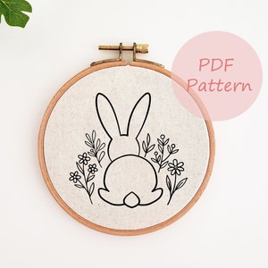 Easter bunny tail embroidery pattern, flower bunny embroidery PDF, bunny ears hand embroidery design, towel embroidery, easter wall decor