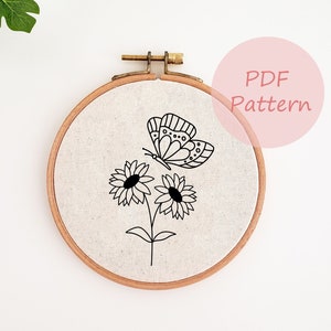 Butterfly sunflower embroidery pattern, flower embroidery PDF, spring hand embroidery design, DIY beginner embroidery, clothing embroidery